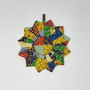 VTG MCM Handmade Quilted Star‎ Pot Holder Hot Pad Bright Multi Red Blue Yellow